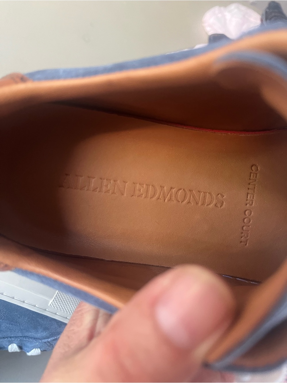 Allen Edmonds Navy Suede Sneakers with White Accents and Tan Lining - Picture 7 of 12